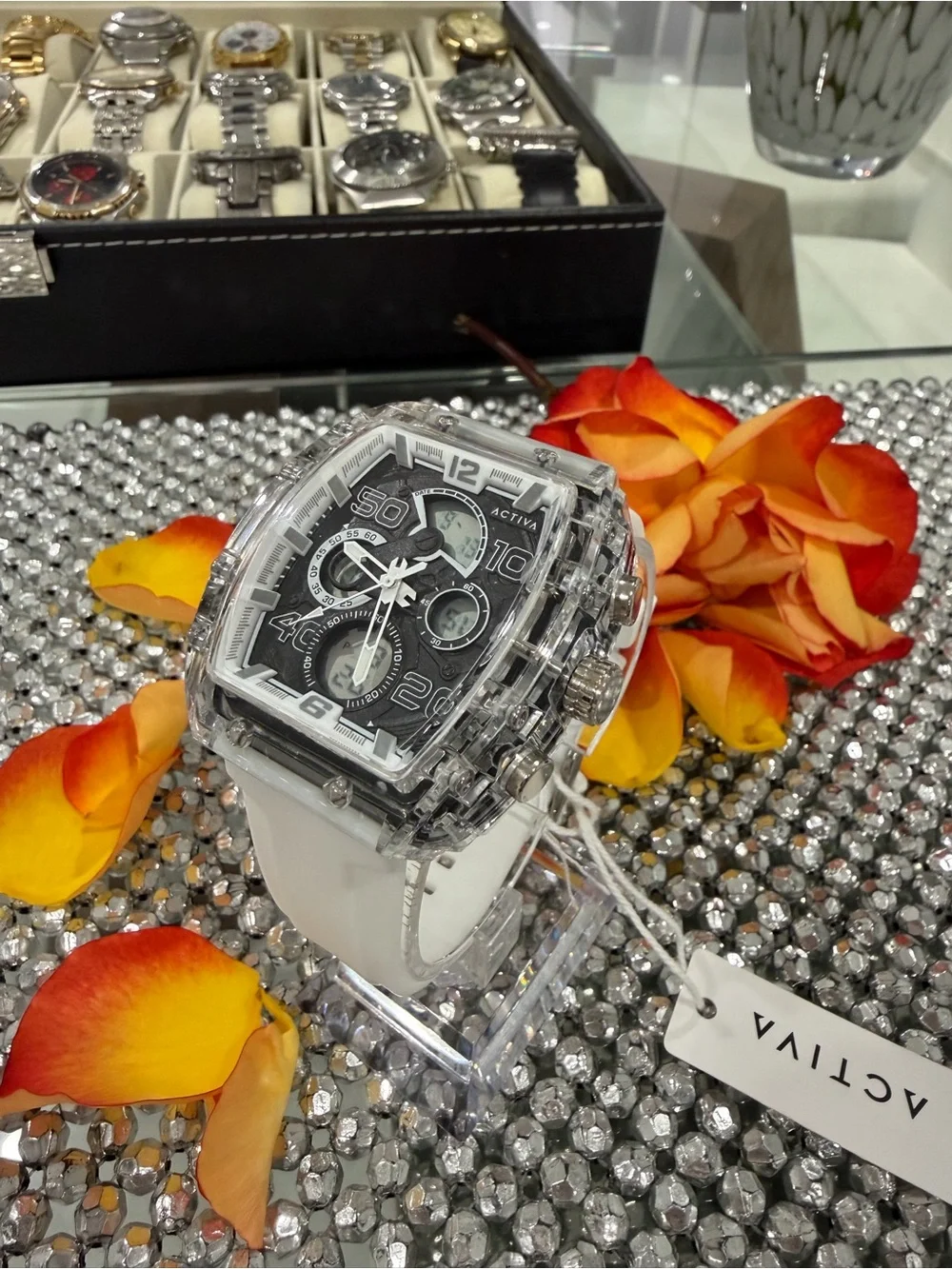 Ativa by Invicta Clear Case Black Dial Sport Watch with White Strap